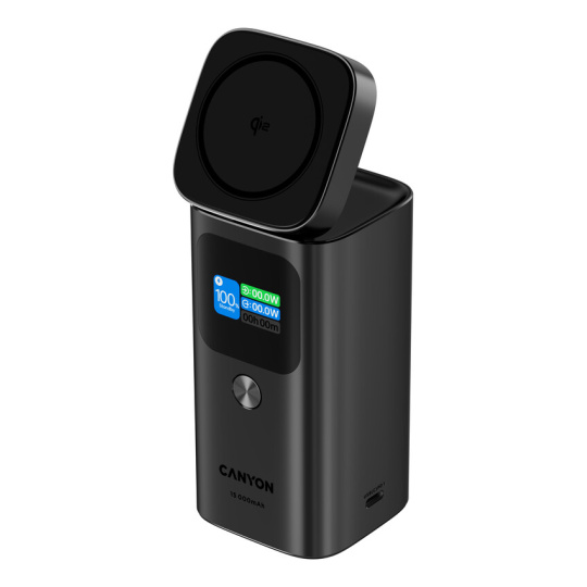 Canyon OnPower 150, Powerbank, 15.000 mAh, displej, in:USB-C, out:2x USB-C/1xUSB-A, Qi2 bezdrôtové nabíjanie
