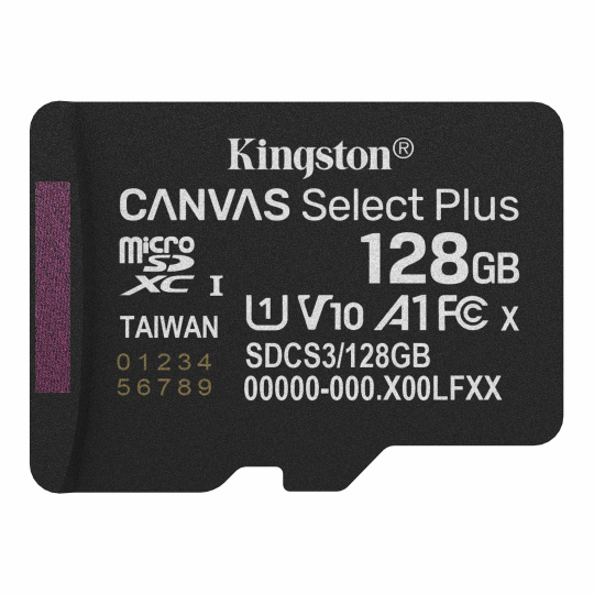 128 GB . microSDXC karta Kingston Canvas Select Plus U1, V10, A1 (r/w 150MB/s)