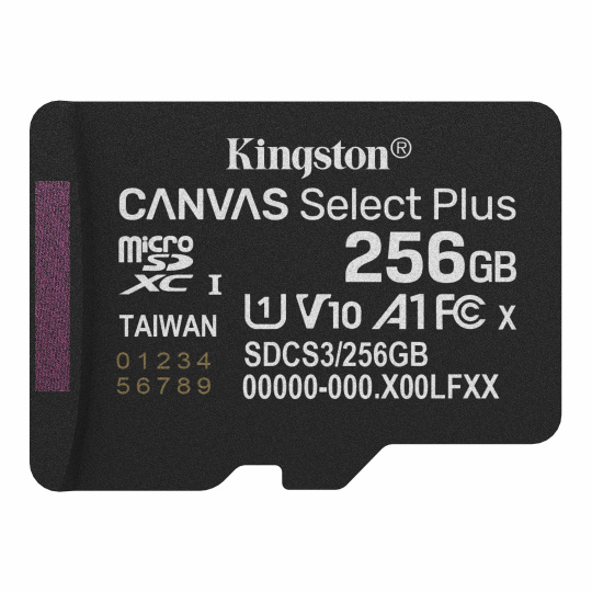 256 GB . microSDXC karta Kingston Canvas Select Plus U1, V10, A1 (r/w 150MB/s)