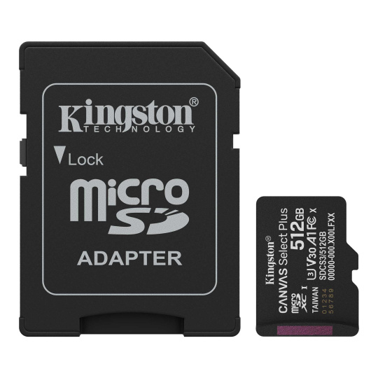 512 GB . microSDXC karta Kingston Canvas Select Plus Class 10 (r/w 150MB/s) + adaptér