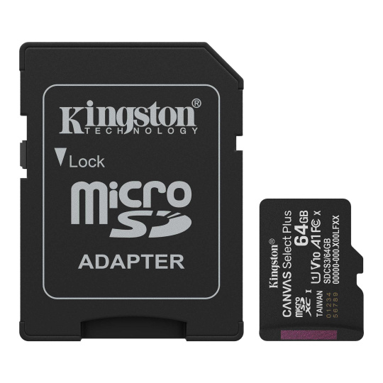 64 GB . microSDXC karta Kingston Canvas Select Plus U1, V10, A1 (r/w 100MB/s) + adaptér