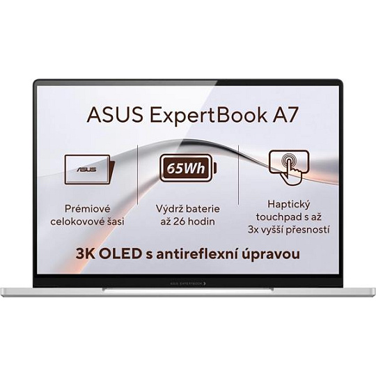 ASUS ExpertBook A7 A7406CMA-OLEDC716512W, Core 7 350, 14.0˝ 2880 x 1800, UMA, 16GB, SSD 512GB, W11H, FPR, TPM ASUS ExpertBook A7 A7406CMA-OLEDC716512W, Core 7 350, 14.0˝ 2880 x 1800, UMA, 16GB, SSD 512GB, W11H, FPR, TPM