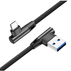 Premium jeans (denim) Type-C USB cable with metal connectors, 1 m, black, angled both sides
