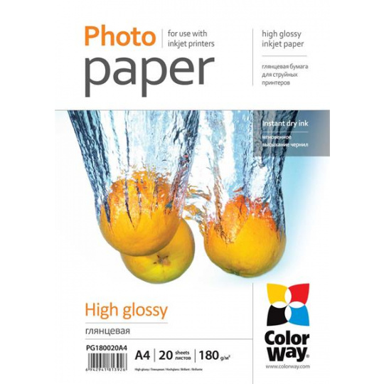 Photo paper ColorWay high glossy 180g/m2, A4, 20pc. (PG180020A4) Photo paper ColorWay high glossy 180g/m2, A4, 20pc. (PG180020A4)