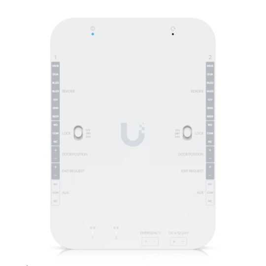 Ubiquiti DC-powered hub that supports Wiegand and OSDP readers and provides entry and exit control for up to two doors.
