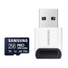 256 GB . microSDXC karta Samsung PRO Ultimate + USB adapter (U3, V30, A2), (r200MB/s, w130MB/s)