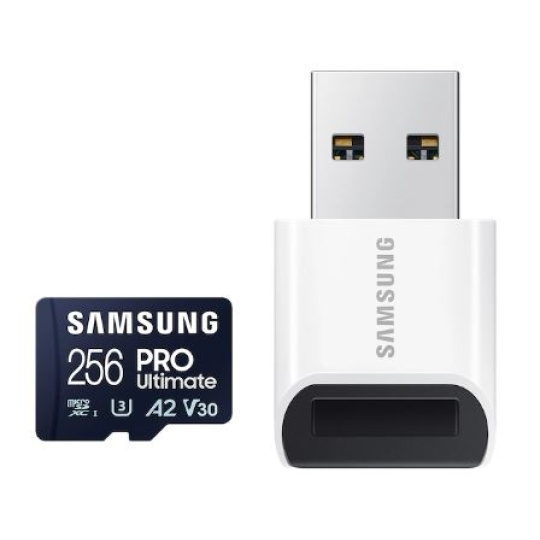 256 GB . microSDXC karta Samsung PRO Ultimate + USB adapter (U3, V30, A2), (r200MB/s, w130MB/s)
