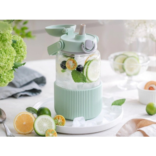 BUYDEEM Sklenená fľaša so slamkou 1L, model DG710, farba útulná zelená