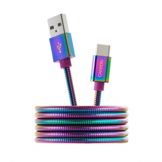 Canyon CNS-USBC7RW, 1.2 m kábel USB-C / USB 2.0, 5V/9V/2A, priemer 3.8 mm, metalicky opletený, dúhový