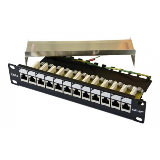 10" patch panel 12port Cat6, FTP, blok UNI-110, vyväz. lišta, 1U čierny