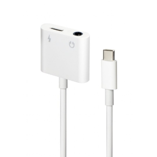 Gembird audio adaptér USB-C (F) na stereo 3.5 mm jack (M) + USB-C (F) pre nabíjanie, 10cm kábel, biely