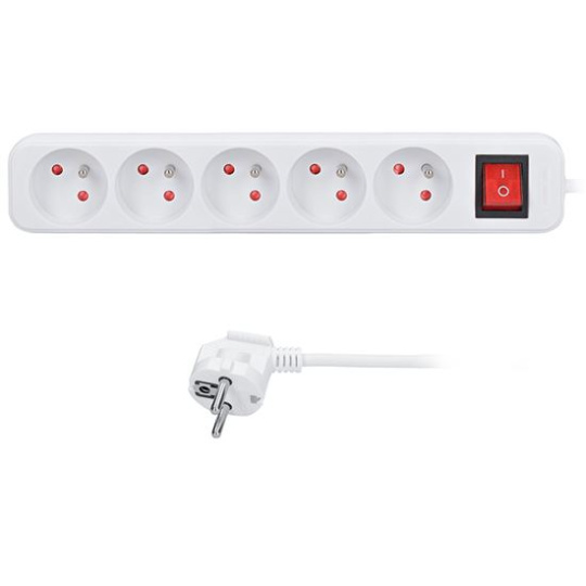 Solight predlžovací prívod 5m, 5 zásuviek, vypínač, 16A/3680W, PVC, biely