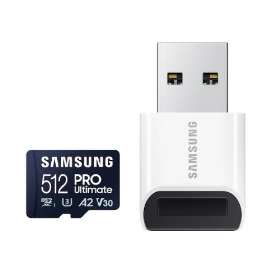 512 GB . microSDXC karta Samsung PRO Ultimate + USB adapter (U3, V30, A2), (r200MB/s, w130MB/s)