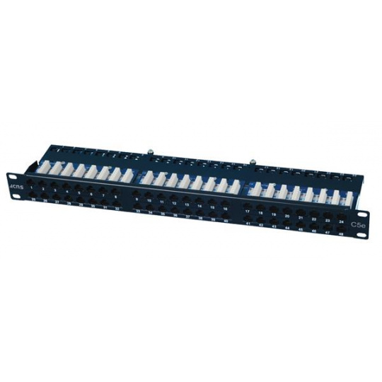 CNS patch panel 48port Cat5E, UTP, blok 110, vyväz. lišta, 1U, čierny