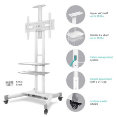ONKRON Mobile TV Stand for 40-70” TVs with Wheels Shelves Height Adjustable Rolling TV Cart, White