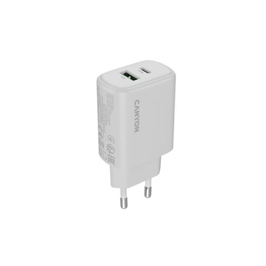 Canyon OnCharge 200, univerzálna nabíjačka do steny, 1x USB-C + 1x USB-A, PD 20W, biela