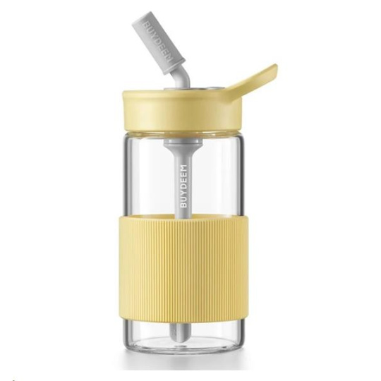 BUYDEEM Prenosná sklenená fľaša so slamkou 500 ml, model CD1017, farba jemná žltá