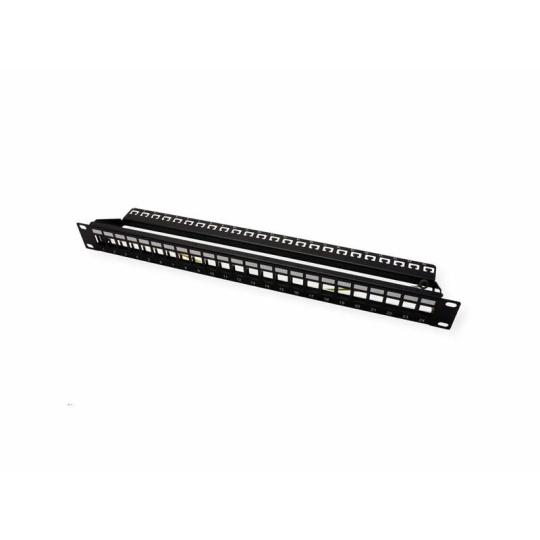 Roline 19" Patch panel 24port Keystone, tienený s uzemnením, celokovový, 1U, čierny