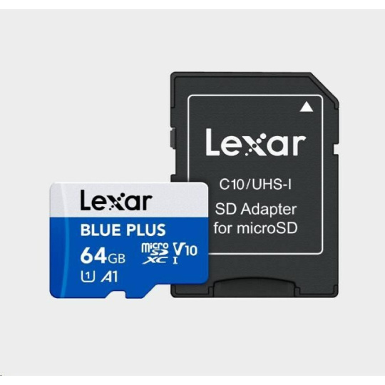 64GB Lexar® Blue Plus microSDHC UHS-I with SD adapter, up to 100MB/s read C10 A1 V10 U1