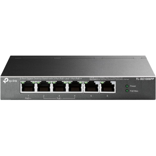 TP-LINK "6-Port Gigabit Desktop Switch with 3-Port PoE+ and 1-Port PoE++PORT: 1× Gigabit PoE++ Port, 3× Gigabit PoE+ Po