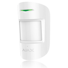 Ajax CombiProtect White - Bezdrátový kombinovaný PIR detektor pohybu a tříštění skla v bílém provedení; PIR senzor, detekční chara
