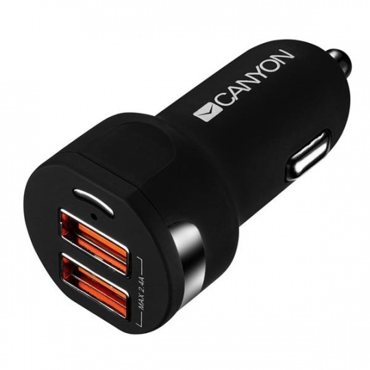 CANYON Universal 2xUSB car adapter, Input 12V-24V, Output 5V-2.4A, with Smart IC, black rubber coating with silver electroplated r