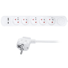 Solight 5z predlžovací prívod s USB A+C nabíjačkou 2.4A, 3m, 3 x 1mm2, biely, vypínač