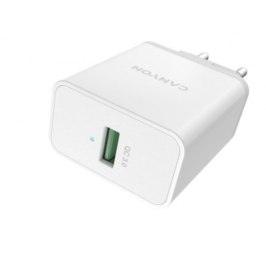 Canyon H-24, vysokorýchlostná univerzálna nabíjačka do steny 1xUSB-A, 24W Quick Charge 3.0, 4 typy ochrany, biela