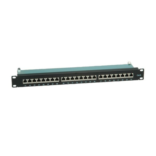 VALUE 19" Patch panel 24port cat.6, tienený s uzemnením, celokovový, 1U, čierny