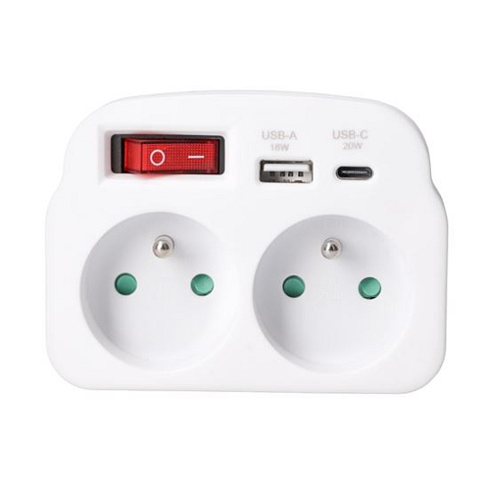 Solight rozbočovač 2 x 16A, USB A+C rychlonabíjačka 20W PD, biely, vypínač Solight rozbočovač 2 x 16A, USB A+C rychlonabíjačka 20W PD, biely, vypínač