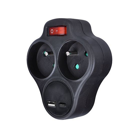 Solight rozbočovač s USB A+C rychlonabíjačkou 20W PD, 2 x 10A, čierny, vypínač