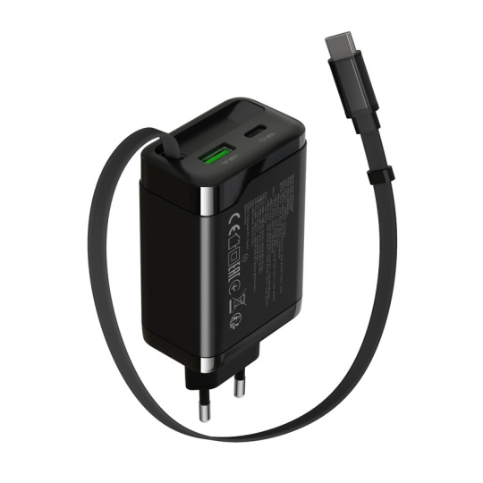 Canyon OnCharge 65RC, vysokorýchlostná univerzálna nabíjačka do steny s integrovaným 68 cm USB(C) káblom, 65W, čierna 