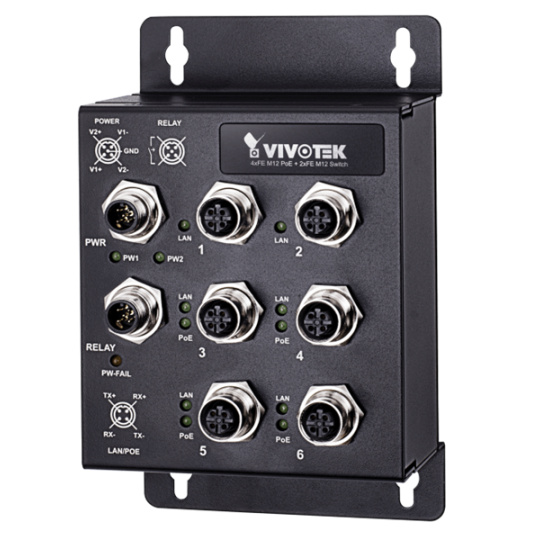 VIVOTEK 4x10/100 M12 4-pin D-kód PoE (802.3af/at, PoE budget 120W, 30W per port) + 2x10/100 M12 4-pin D-kód, 1x M12 5-pin A-kód al