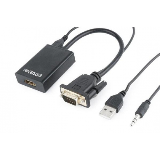 Gembird adaptér VGA (M) na HDMI (F) + 3.5 mm audio, 0.15 m kábel, čierny