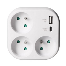 Solight rozbočovač 3x 16A, USB A+C rychlonabíjačka 20W PD, biely