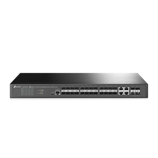 TP-LINK "JetStream™ 24-Port SFP L2+ Managed Switch with 4 10GE SFP+ SlotsPORT: 20× Gigabit SFP Ports, 4× Gigabit SFP/RJ