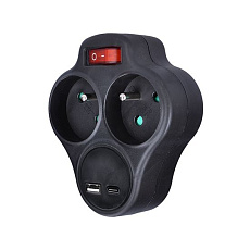 Solight Rozbočovač s USB A+C nabíjačkou, 2 x 10A, čierny, vypínač