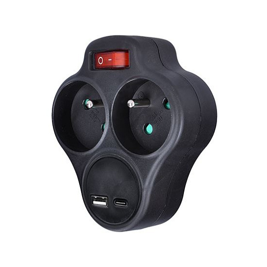 Solight Rozbočovač s USB A+C nabíjačkou, 2 x 10A, čierny, vypínač