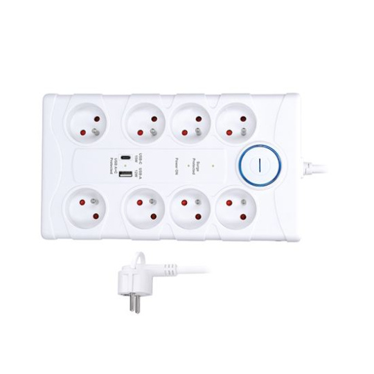 Solight prepäťová ochrana, 8z, USB A+C, 2m, biela
