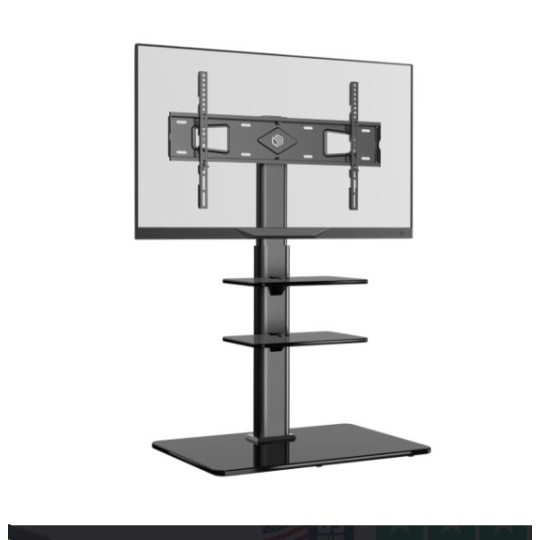 ONKRON Universal Floor TV Stand Glass Base and Shelves for 32-65" TVs up to 30kg, BlackVESA: 100x100 - 600x400