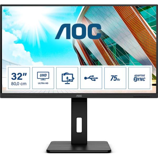 AOC U32P2 31.5"W VA LED 3840x2160 50 000 000:1 4ms 350cd DP 2xHDMI repro