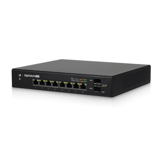 Ubiquiti ES-8-150W Gigabit switch with (8) RJ45 ports, (2) SFP ports, and a 150W power supplya