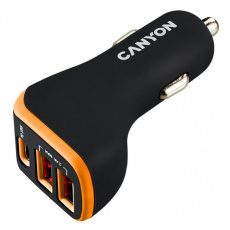 Canyon C-08, univerzálna autonabíjačka, 2x USB-A, 1xUSB-C 18W PD, Smart IC, LED, oranžovo - čierna 