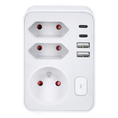 Solight rozbočovač, 1x 16A + 2x 2,5A, 2xUSB A+C, biely, vypínač