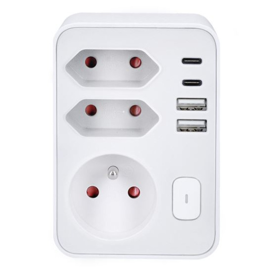Solight rozbočovač, 1x 16A + 2x 2,5A, 2xUSB A+C, biely, vypínač