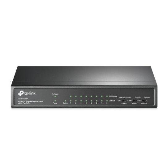 9-Port 10/100 Mbps Desktop Switch with 8-Port PoE+, 8× 10/100 Mbps PoE+ Ports, 1× 10/100 Mbps Non-PoE Ports, 802.3at/af, 65 W PoE