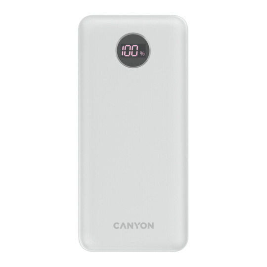 Canyon PB-2002, Powerbank, Li-Pol, 20.000 mAh, Digitálny displej, Vstup: 1x USB-C, Výstup: 1x USB-C a 2x USB-A, biela