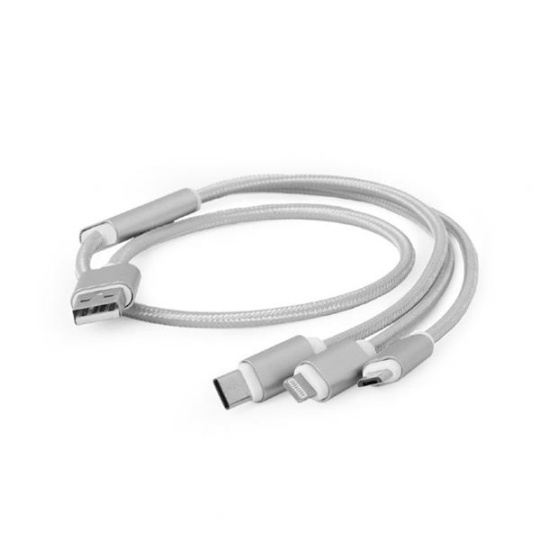 Gembird kábel nabíjací 3v1 splitter, Lightning (M) /microUSB (M) / USB-C (M) na USB 2.0 (M), 1 m, strieborný