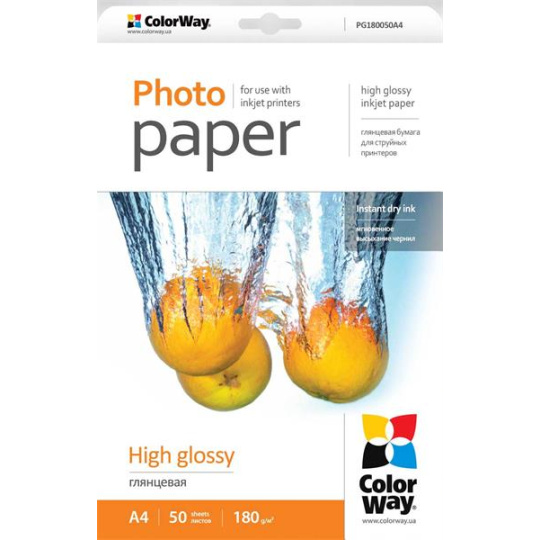 Photo paper ColorWay high glossy 180g/m2, A4, 50pc. (PG180050A4)