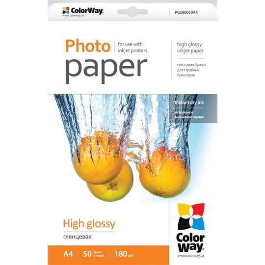 Photo paper ColorWay high glossy 180g/m2, A4, 50pc. (PG180050A4)